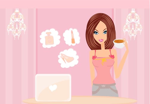 Online shopping - young smiling woman standing with laptop computer