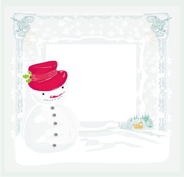 Happy snowman on winter landscape card