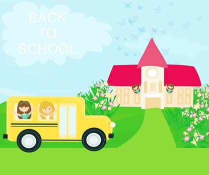 school bus heading to school with happy children