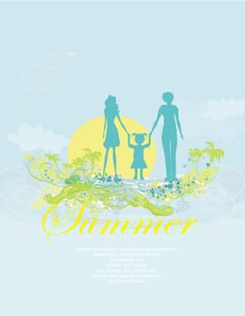 Family silhouette over tropical background abstract card