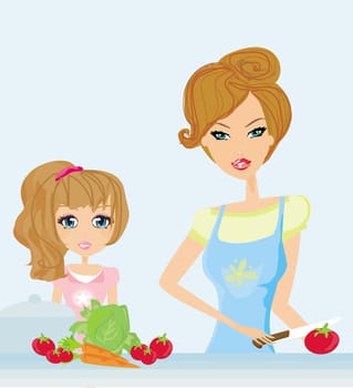 Happy mother helping her daughter cooking in the kitchen