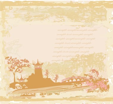 old paper with Chinese Temple on abstract Asian Landscape