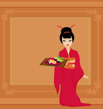 beautiful girl enjoy sushi - Template Design