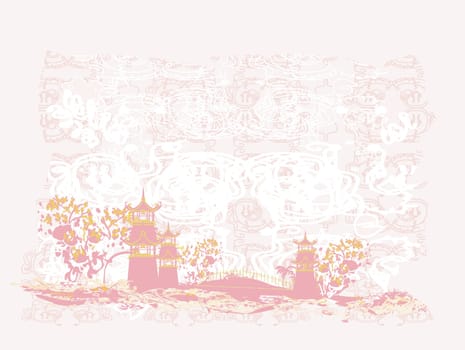 old paper with Chinese Temple on abstract Asian Landscape