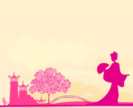 old paper with geisha silhouette and Asian Landscape