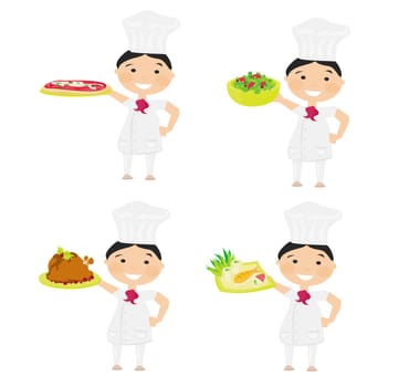 Cheerful chef serving dishes - set