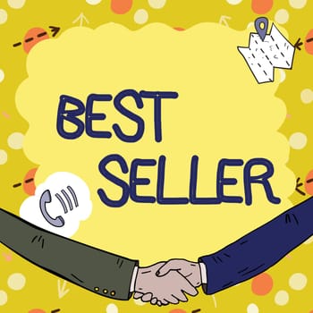 Hand writing sign Best Seller, Internet Concept book or other product that sells in very large numbers Empty frame decorated with communication symbols represent business meeting