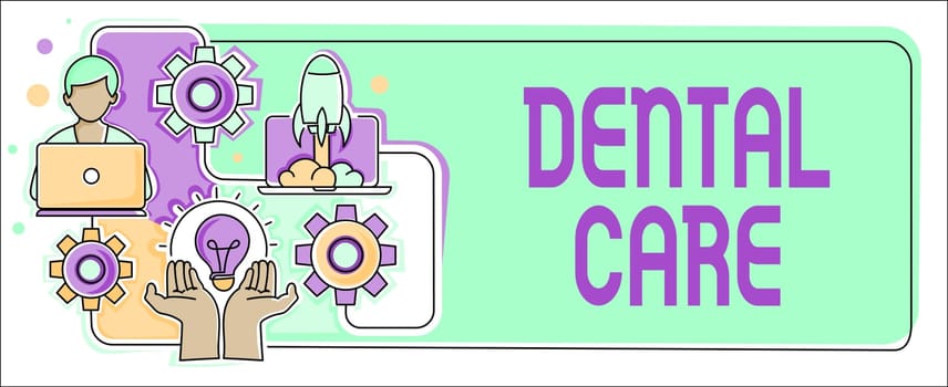 Inspiration showing sign Dental Care, Business overview maintenance of healthy teeth or to keep it clean for future Hands Holding Lamp Rocket With Businessman Presenting New Ideas Startups