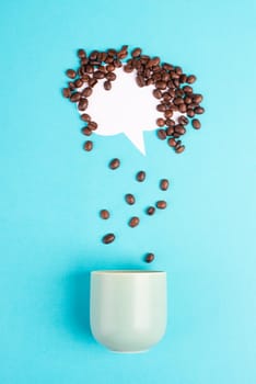 Cloud with roasted coffee beans raining into a cup, take a break, having an espresso for breakfast in the morning, hot drink, copy space for text