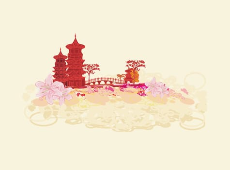 old paper with Chinese Temple on Asian Landscape