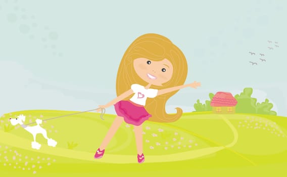 happy sweet little girl and her puppy on rural landscape