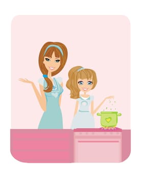 Happy mother helping her daughter cooking in the kitchen