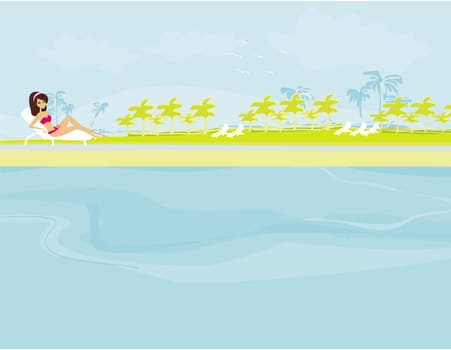 vector image of girl and tropical pool