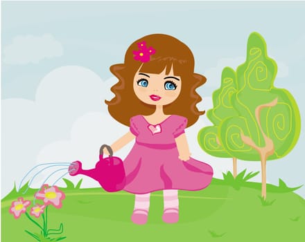 cute girl with watering can in garden