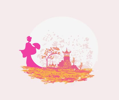 old paper with geisha silhouette and Asian Landscape