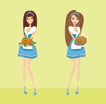 Beautiful Waitress serving a chicken