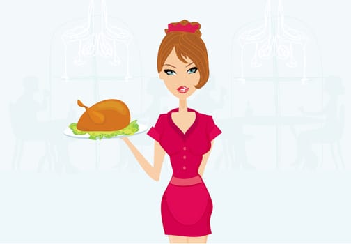Beautiful Waitress serving a turkey in restaurant