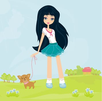 sweet girl and her puppy on rural landscape