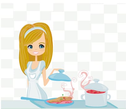 Beautiful young lady cooking in the kitchen