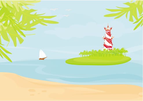 lighthouse seen from a tiny beach