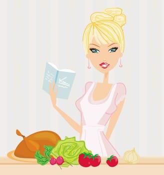 Beautiful lady cooking lunch with cookbook