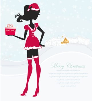Happy New year card with Santa girl and winter landscape