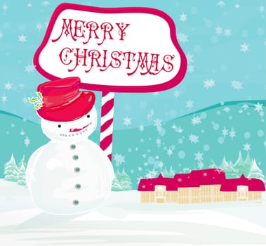 Happy snowman on winter landscape card