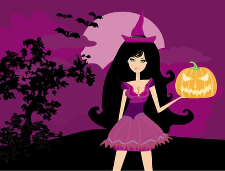 Halloween witch standing with pumpkin