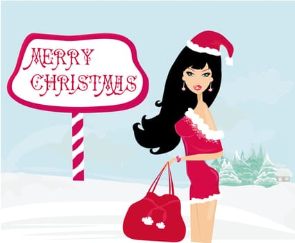 Happy New year card with Santa girl and winter landscape