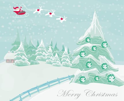 Happy New year card with Santa and winter landscape