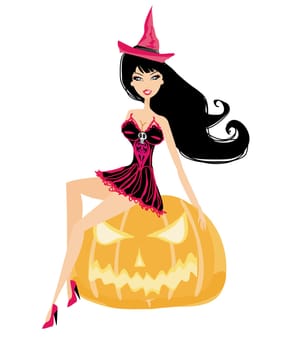 Halloween sexy young Witch sitting on pumpkin