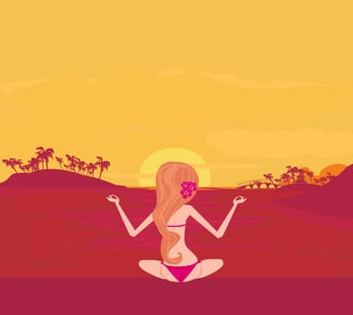 Girl in Yoga pose on Summer background with palm tree