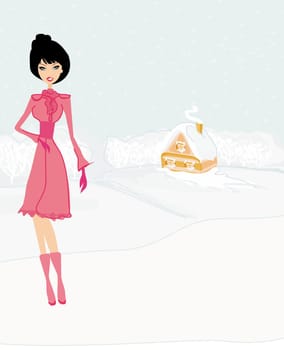 fashion winter girl on winter landscape