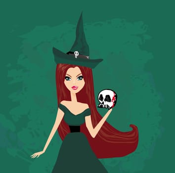 Halloween witch standing with skull