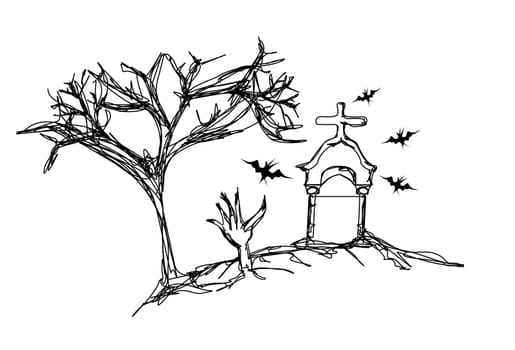 Zombies hand emerging out of the ground in a graveyard - doodles