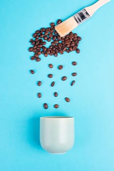 Brush paints cloud with roasted coffee beans raining into a cup, take a break, having an espresso for breakfast in the morning, hot drink, copy space for text