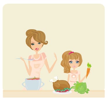 Happy mother helping her daughter cooking in the kitchen