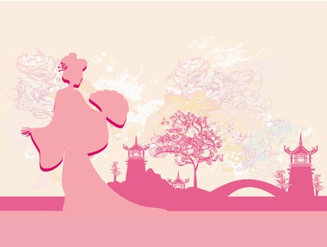 old paper with geisha silhouette on Asian Landscape