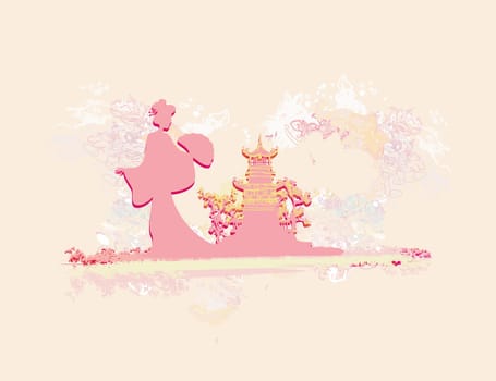 old paper with geisha silhouette on Asian Landscape