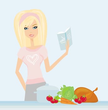 Beautiful lady cooking with cookingbook in the kitchen