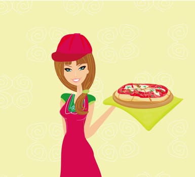 beautiful woman waitress enjoys pizza