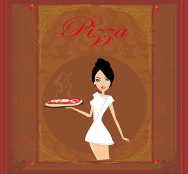 beautiful woman waitress enjoys pizza - menu