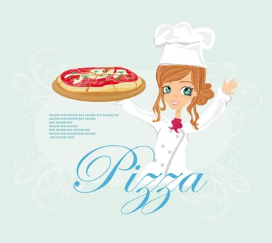 beautiful young woman chef enjoys pizza - menu