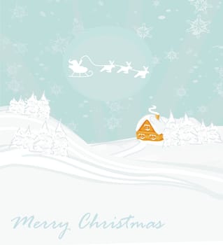 Happy New year card with Santa and winter landscape