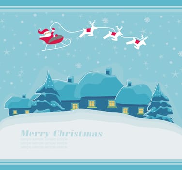 Happy New year card with Santa and winter landscape