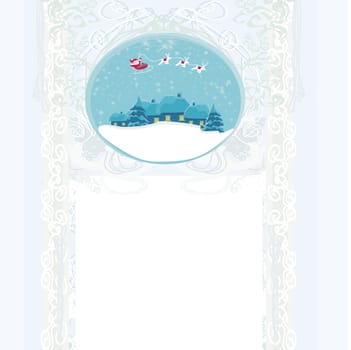 Happy New year card with Santa and winter landscape