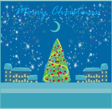Abstract christmas tree on winter landscape card