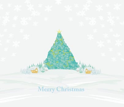 Abstract christmas tree on winter landscape card