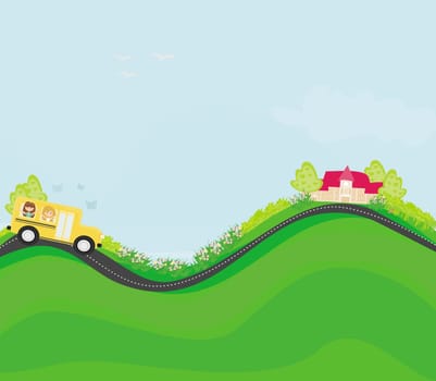 a school bus heading to school with happy children