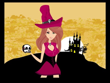Halloween witch standing with skull